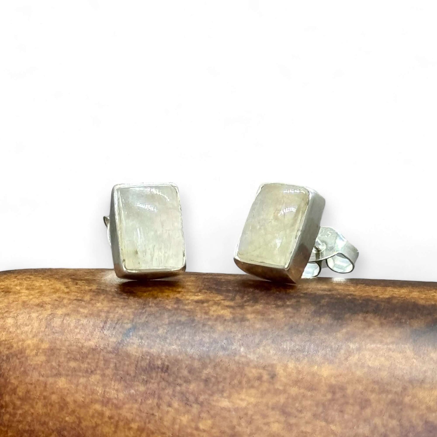 Moonstone Cabochon Rectangle Stud Earrings - Twelve Silver Trees