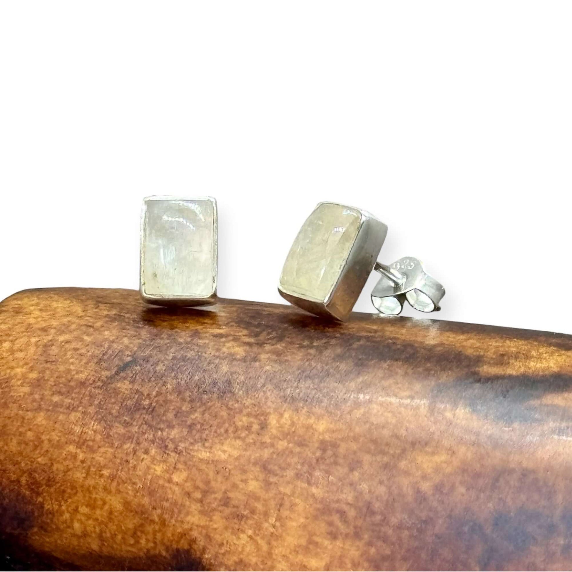 Moonstone Cabochon Rectangle Stud Earrings - Twelve Silver Trees