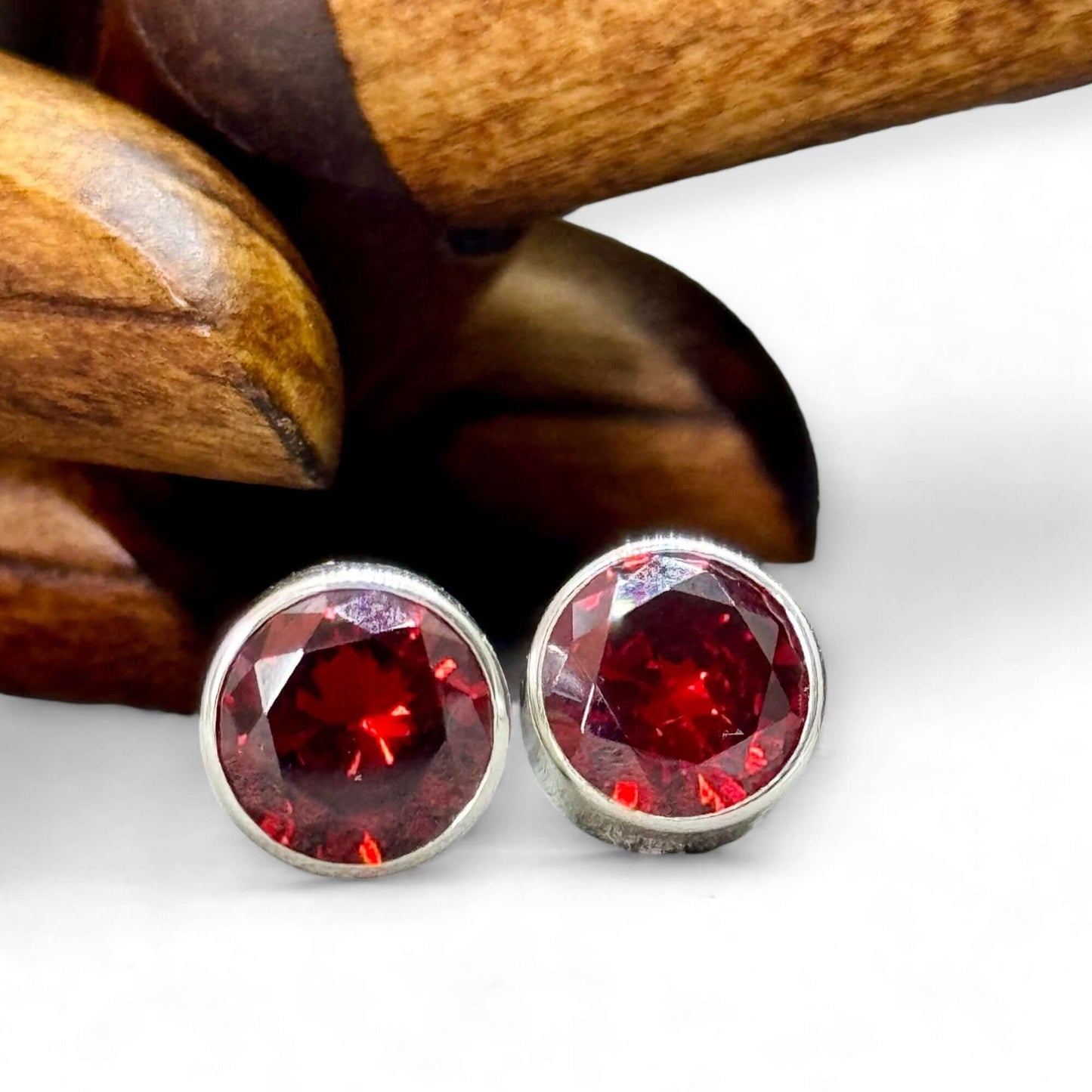 Garnet Round Handmade Stud Earrings - Twelve Silver Trees