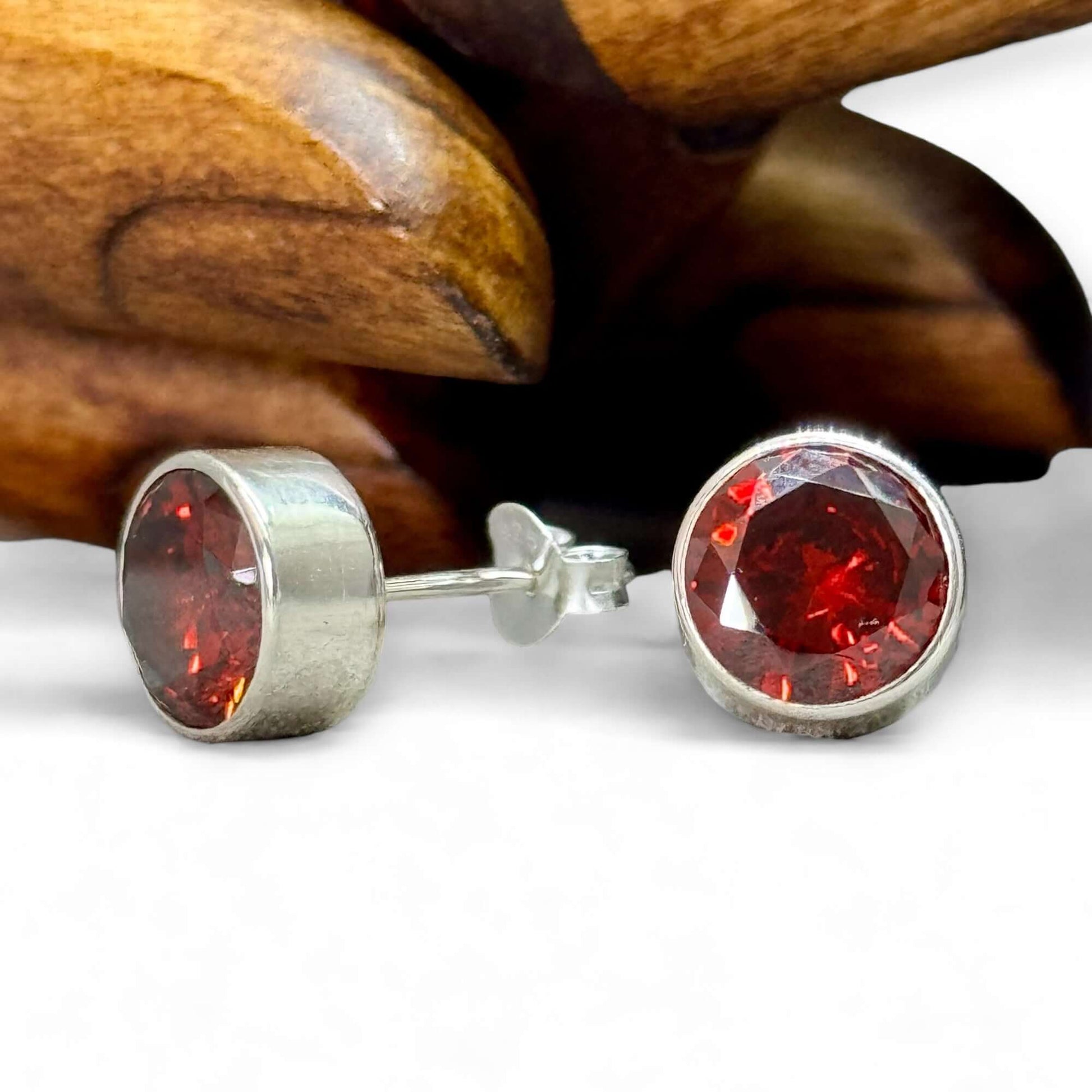 Garnet Round Handmade Stud Earrings - Twelve Silver Trees