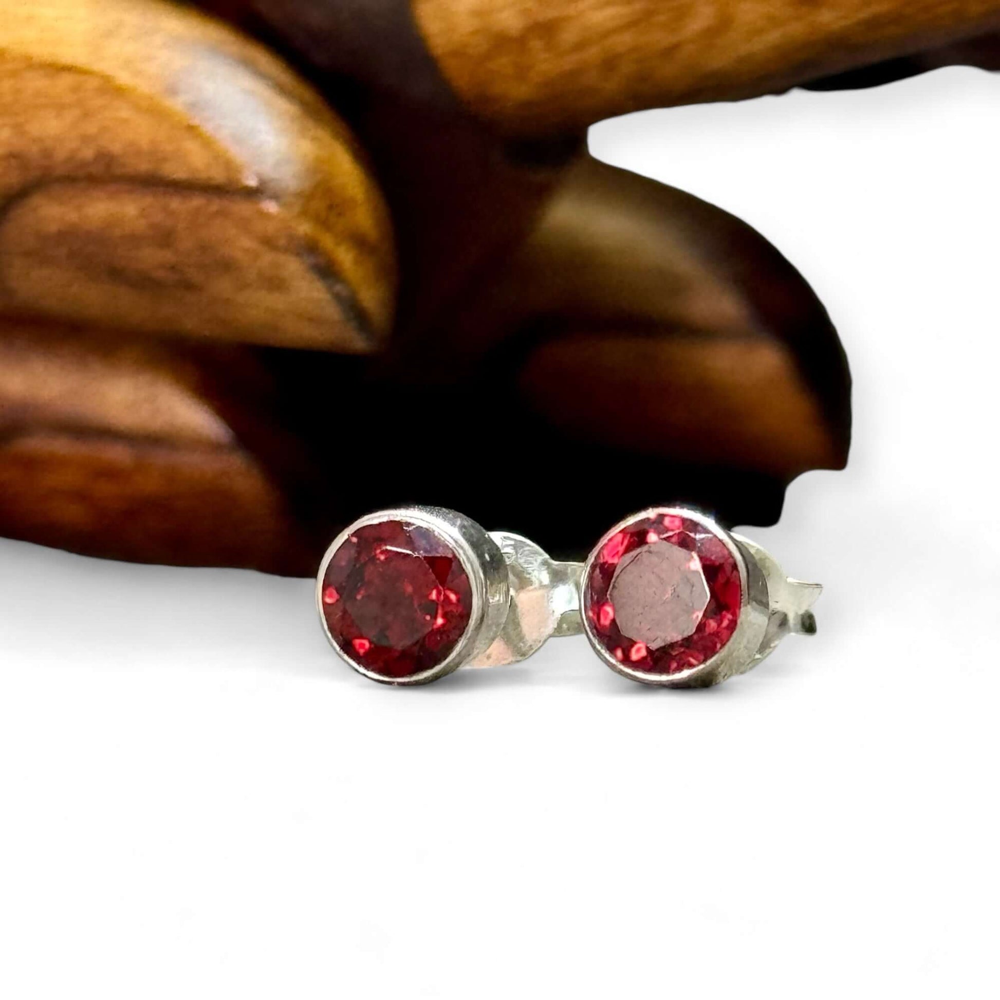 Garnet Round Handmade Stud Earrings - Twelve Silver Trees