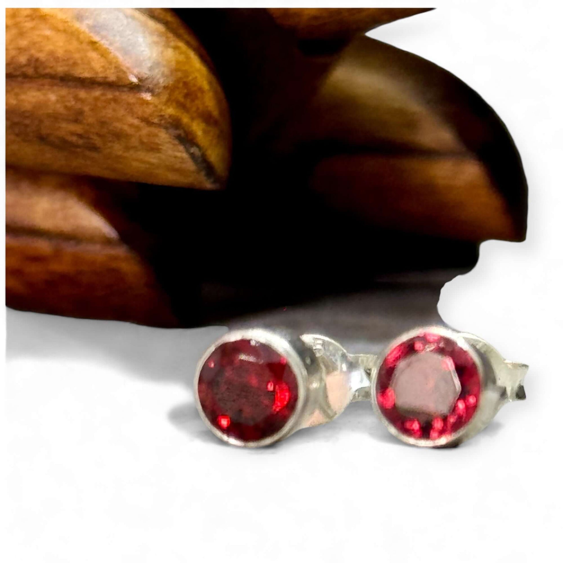 Garnet Round Handmade Stud Earrings - Twelve Silver Trees