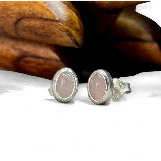 Rose Quartz Oval Stud Earrings - Twelve Silver Trees