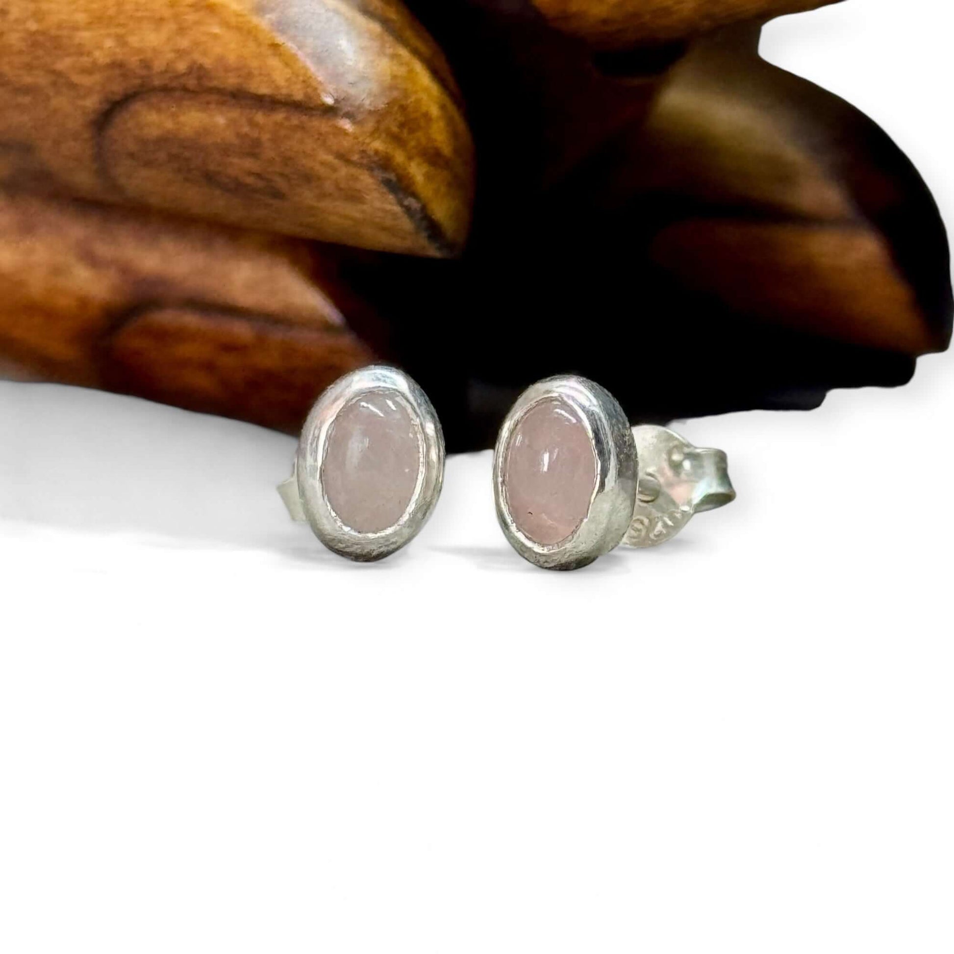 Rose Quartz Oval Stud Earrings - Twelve Silver Trees