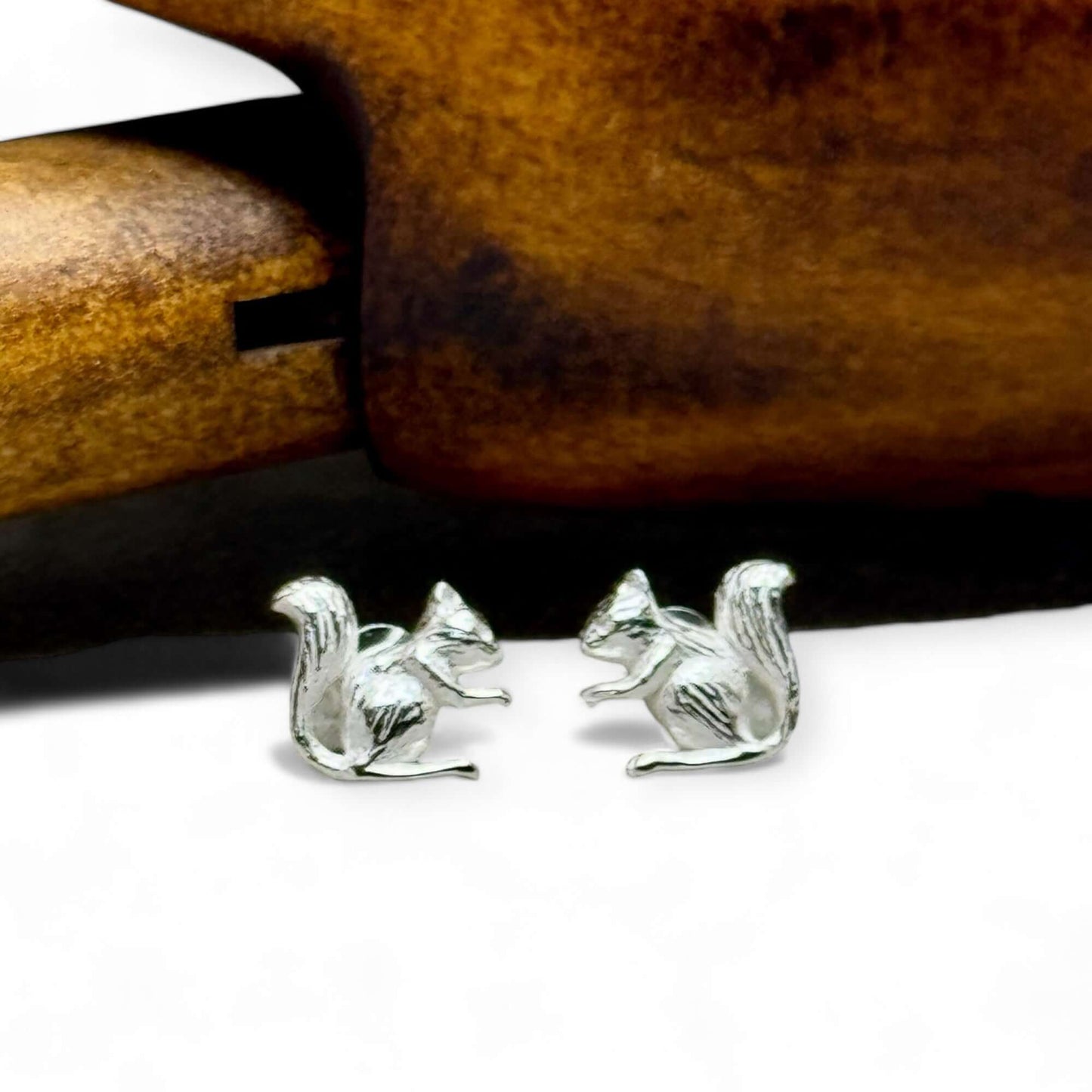 Handcrafted Squirrel Sterling Silver Stud Earrings - Twelve Silver Trees