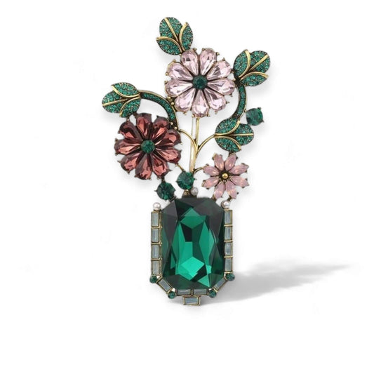 Crystal Flower Vase Statement Brooch - Twelve Silver Trees