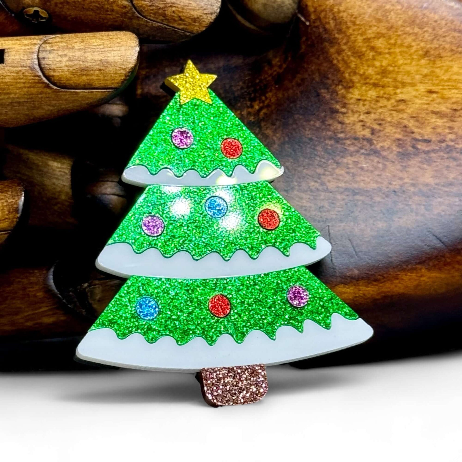 Glittering Christmas Tree - Acrylic Art Brooch - Twelve Silver Trees