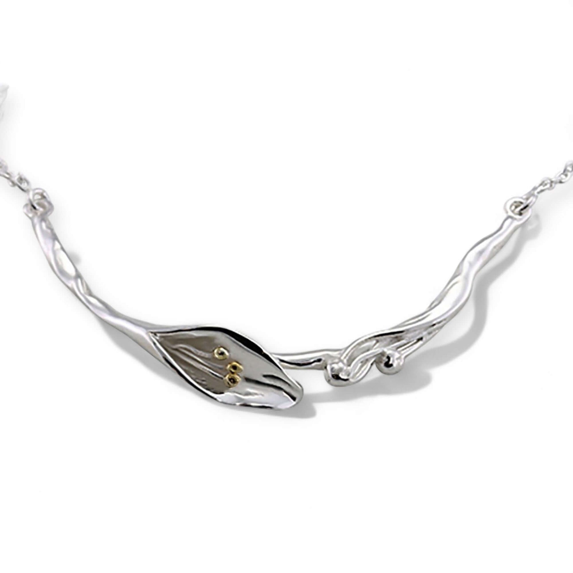 Elegant Calla Lily Handmade Bar Necklace in Sterling Silver & 14 Carat Gold - Twelve Silver Trees