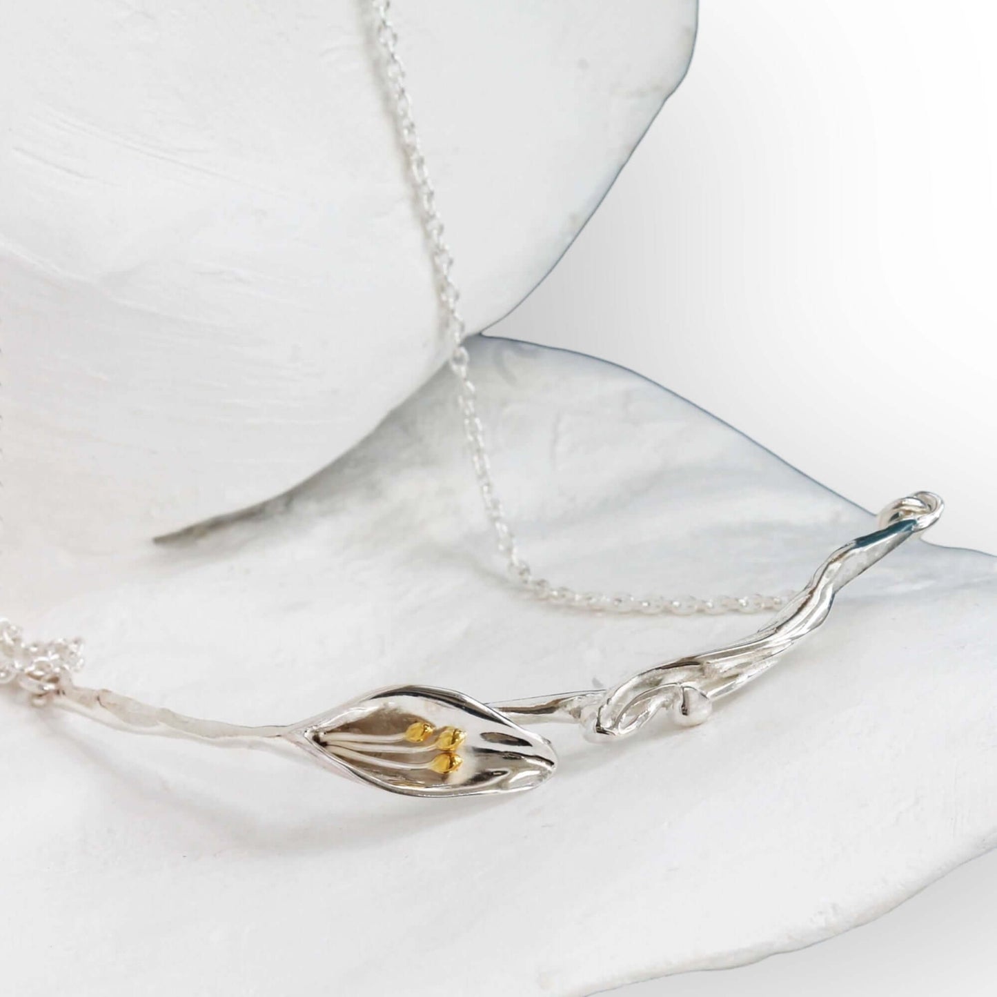 Elegant Calla Lily Handmade Bar Necklace in Sterling Silver & 14 Carat Gold - Twelve Silver Trees