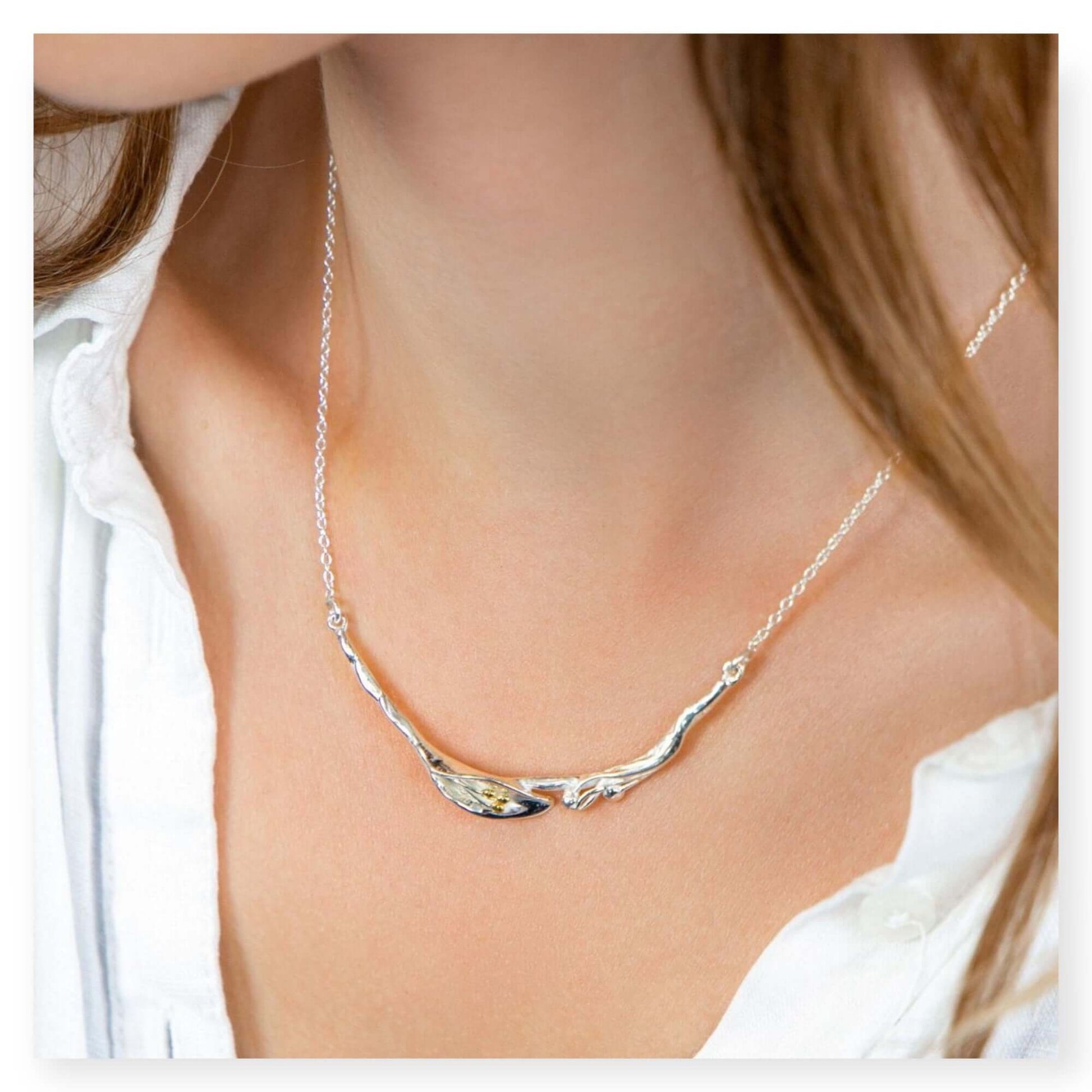 Elegant Calla Lily Handmade Bar Necklace in Sterling Silver & 14 Carat Gold - Twelve Silver Trees