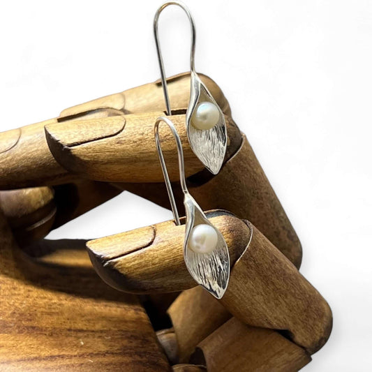 Hand Crafted Calla Lily in Sterling Silver & Freshwater Pearl Earrings - Twelve Silver Trees