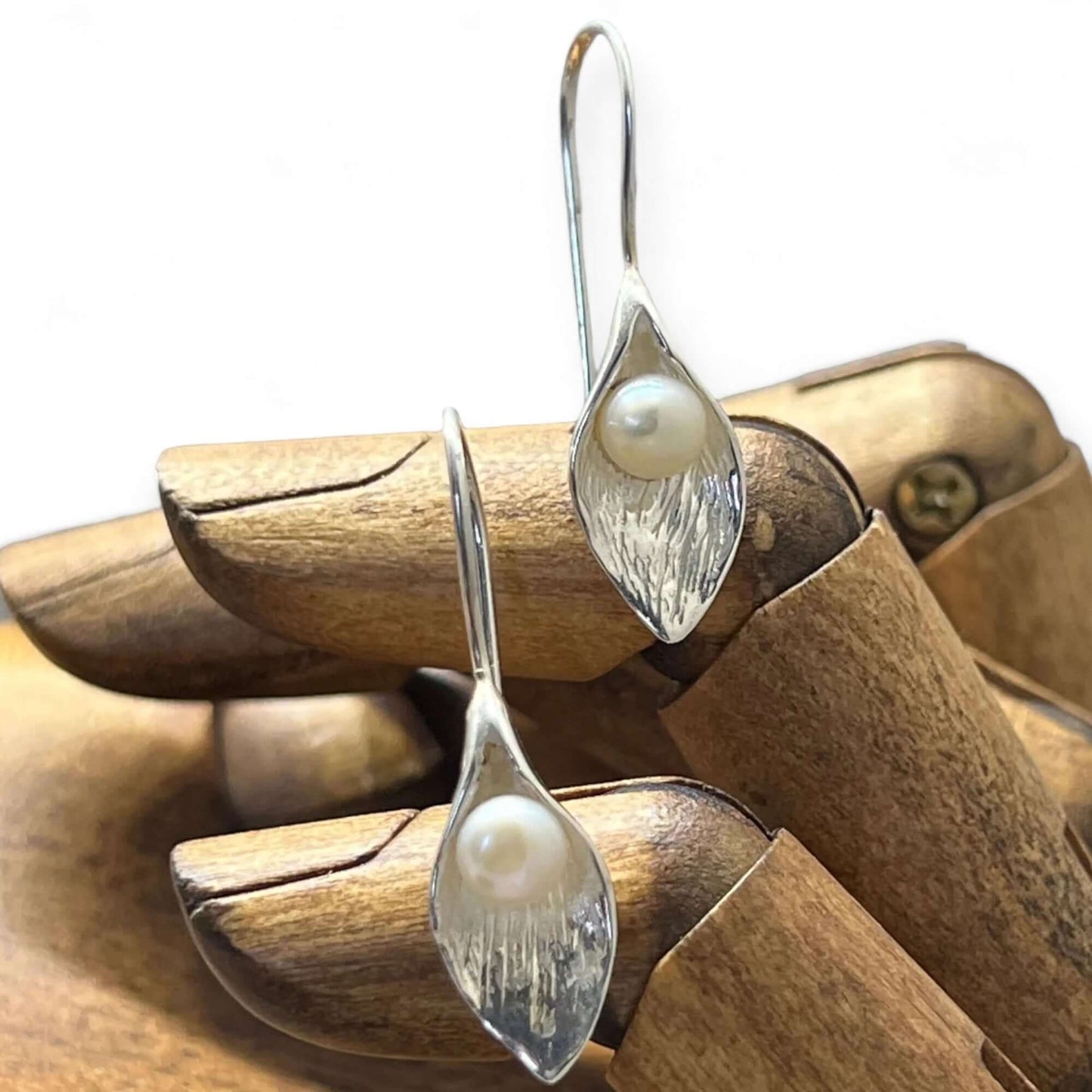 Hand Crafted Calla Lily in Sterling Silver & Freshwater Pearl Earrings - Twelve Silver Trees