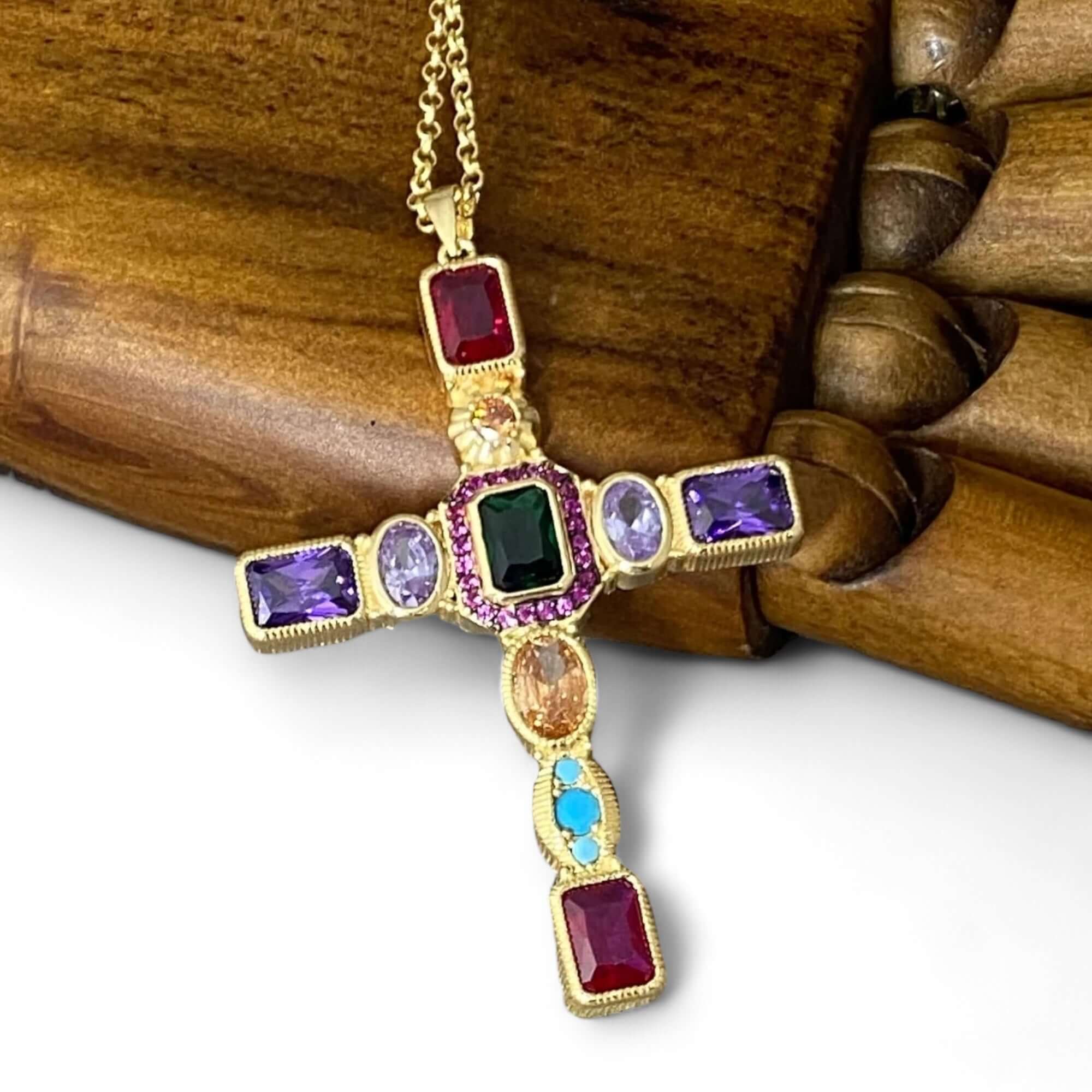 Byzantine Inspired Created Gemstone Cross Pendant - Twelve Silver Trees