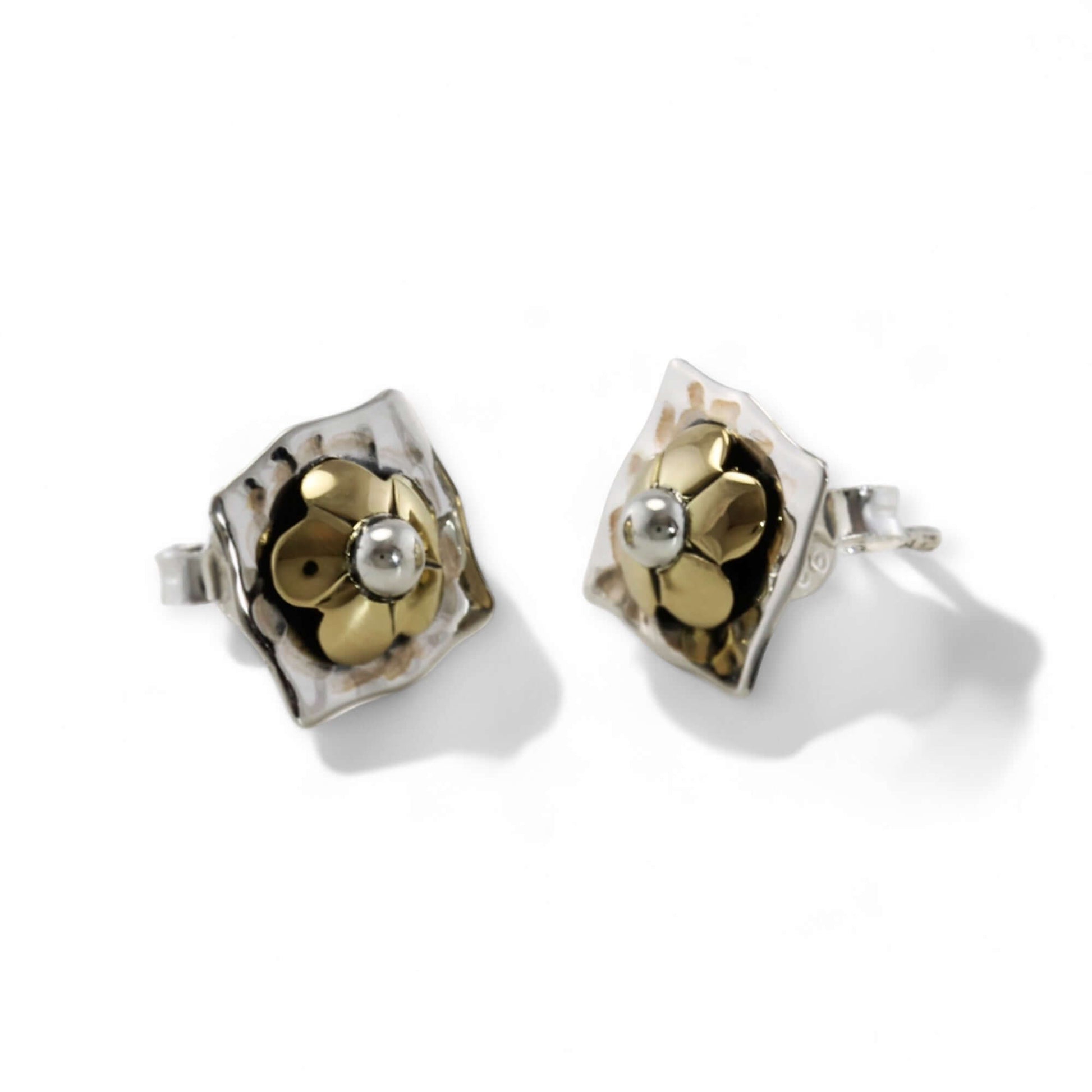 Rustic Sterling silver square earring with brass flower central detail. - Twelve Silver Trees