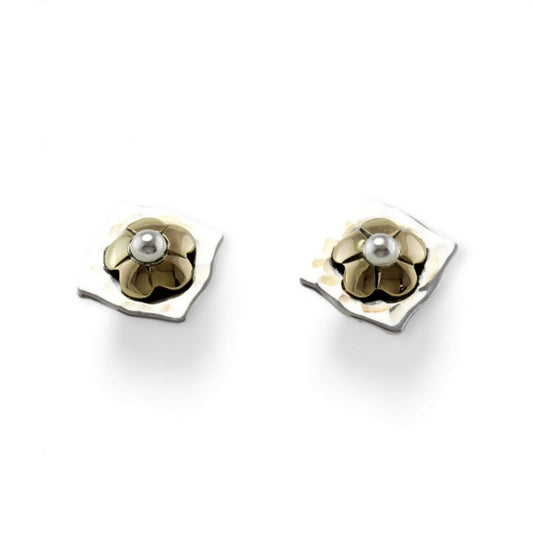 Rustic Sterling silver square earring with brass flower central detail. - Twelve Silver Trees