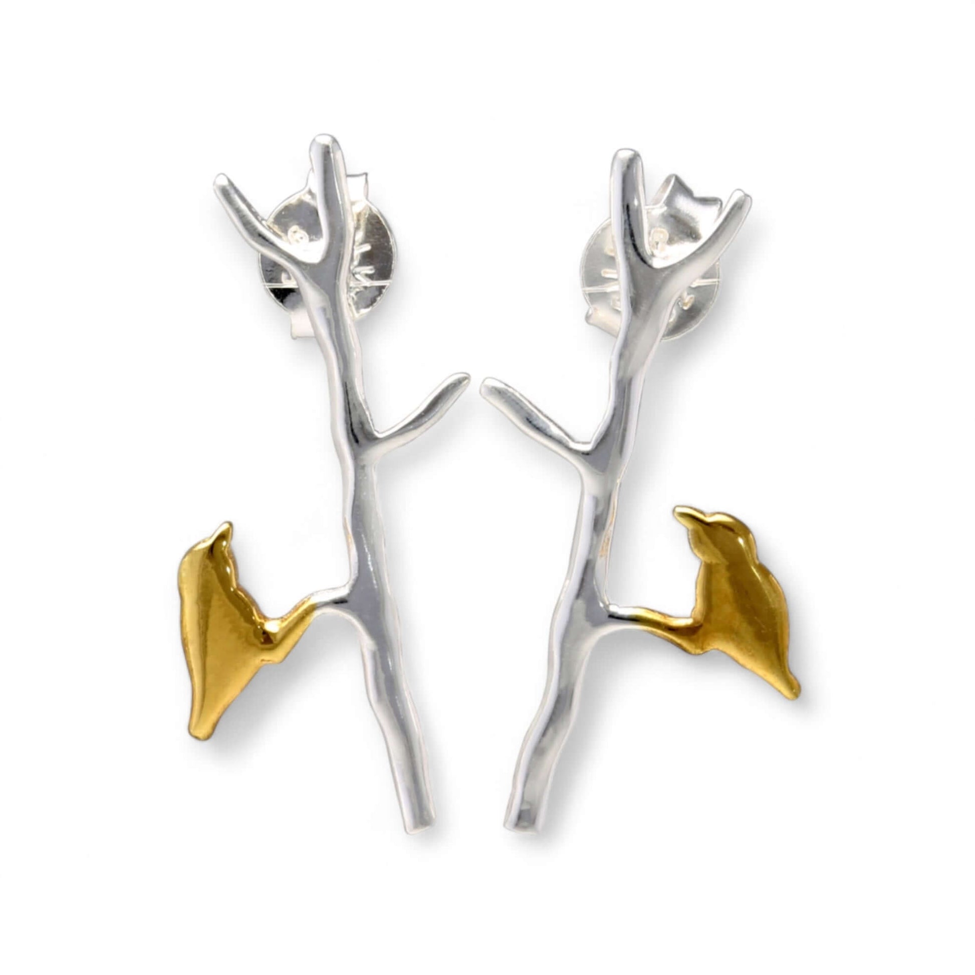 Gold Plated Birds Perched on Silver Branches Earrings - Twelve Silver Trees