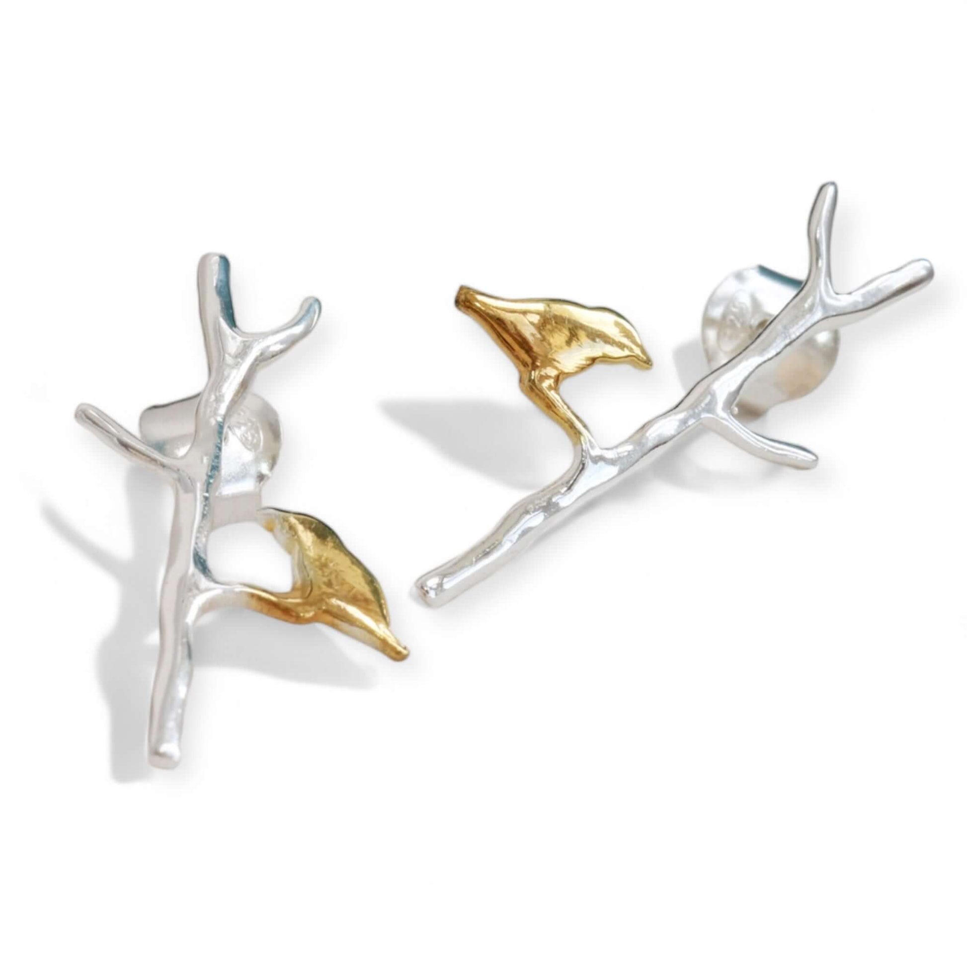 Gold Plated Birds Perched on Silver Branches Earrings - Twelve Silver Trees