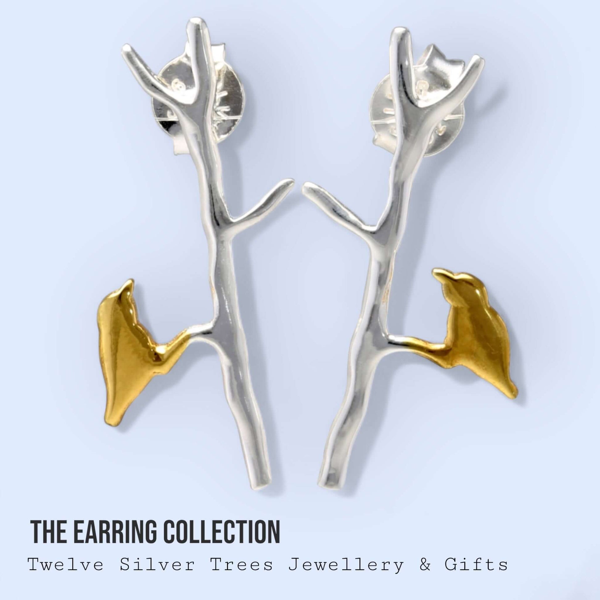 Gold Plated Birds Perched on Silver Branches Earrings - Twelve Silver Trees