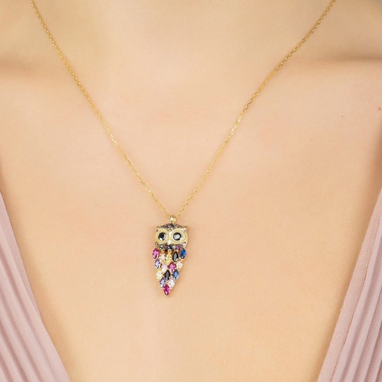 Owl Rainbow Pendant Necklace Gold - Twelve Silver Trees