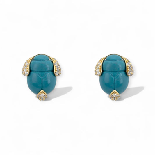 Egyptian Revival Scarab Beetle Turquoise Stud Earrings. - Twelve Silver Trees