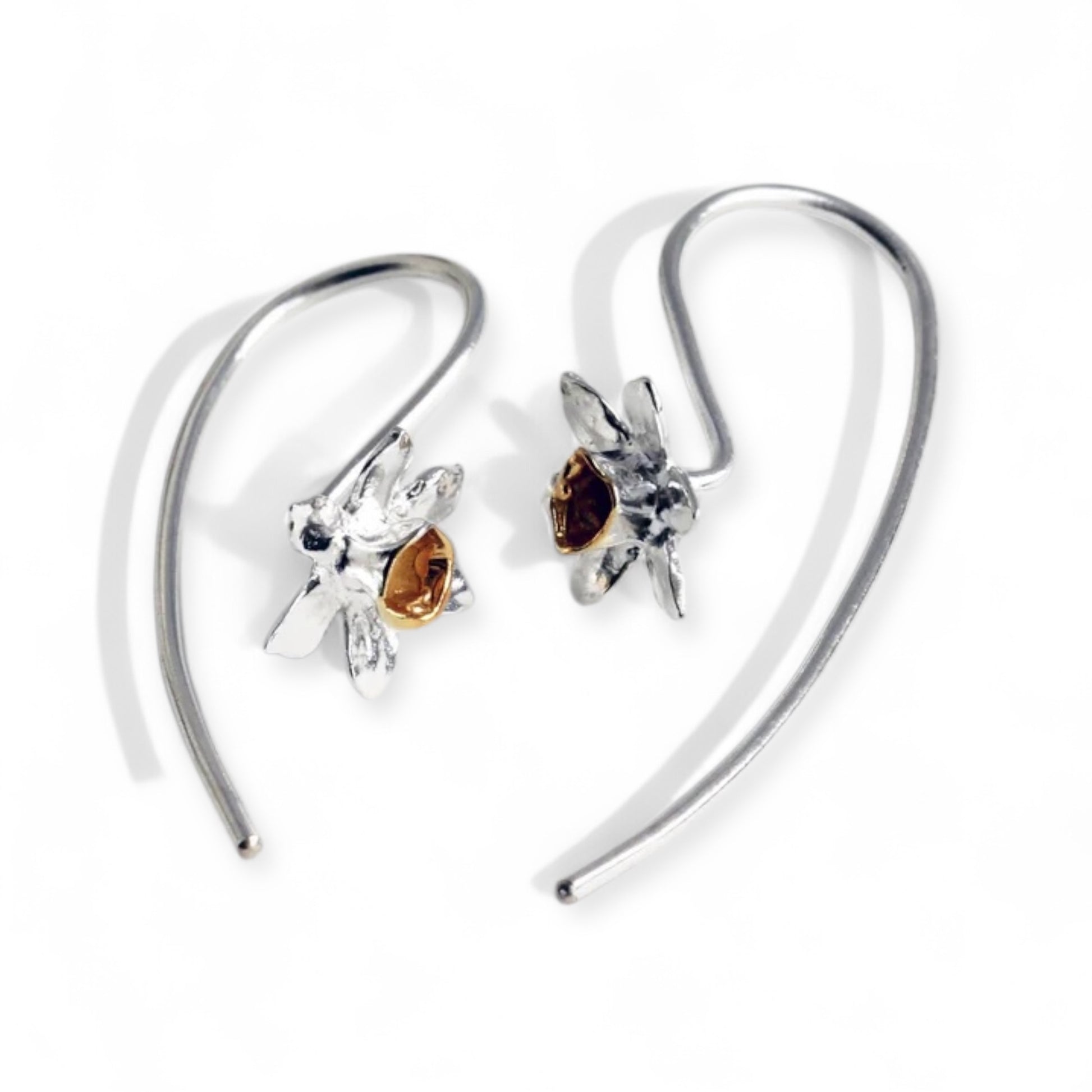 Daffodil Flower Earrings in Sterling Silver & 18 Carat Gold - Twelve Silver Trees