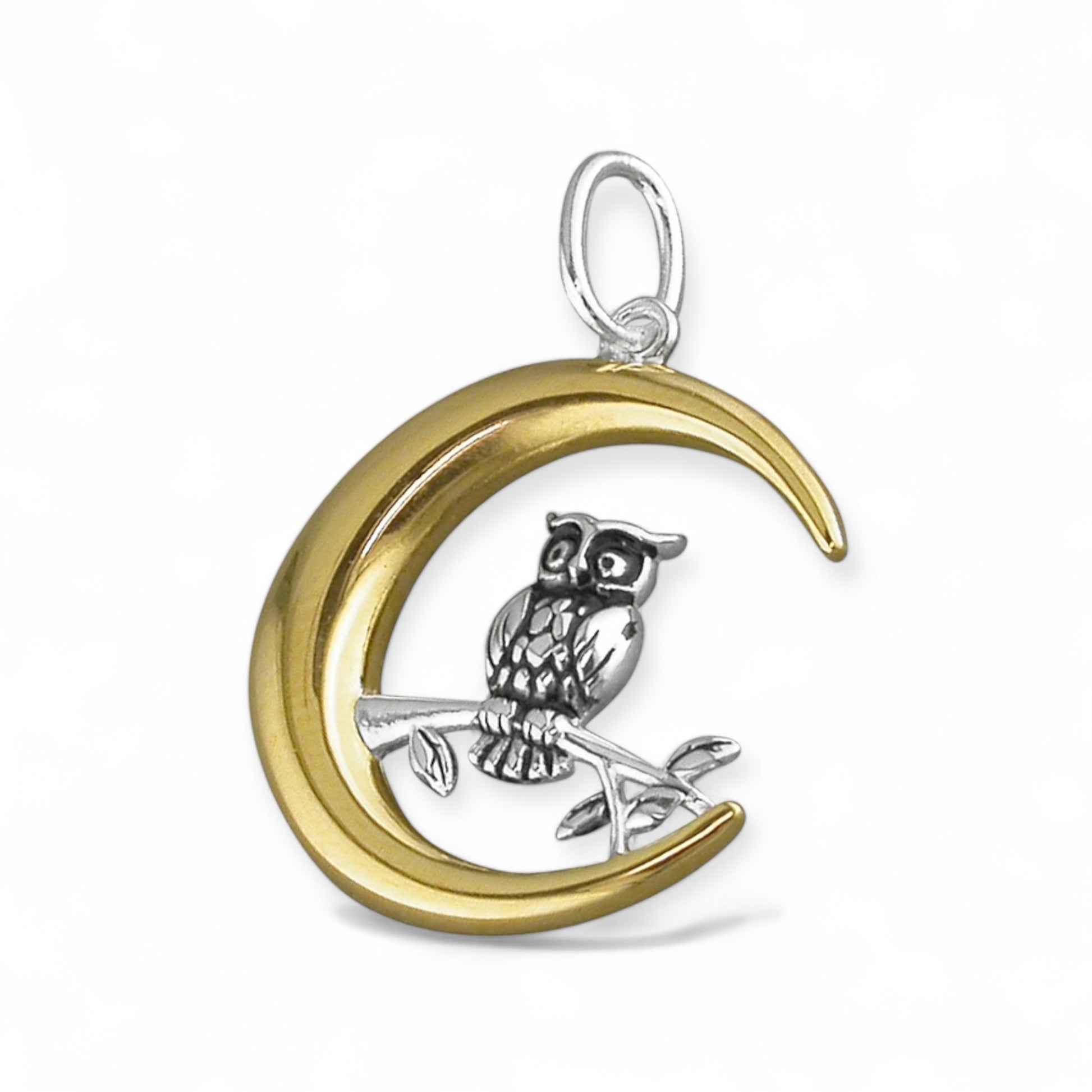 Crescent Moon & Owl Pendant In Sterling Silver & 18 Carat Gold - Twelve Silver Trees