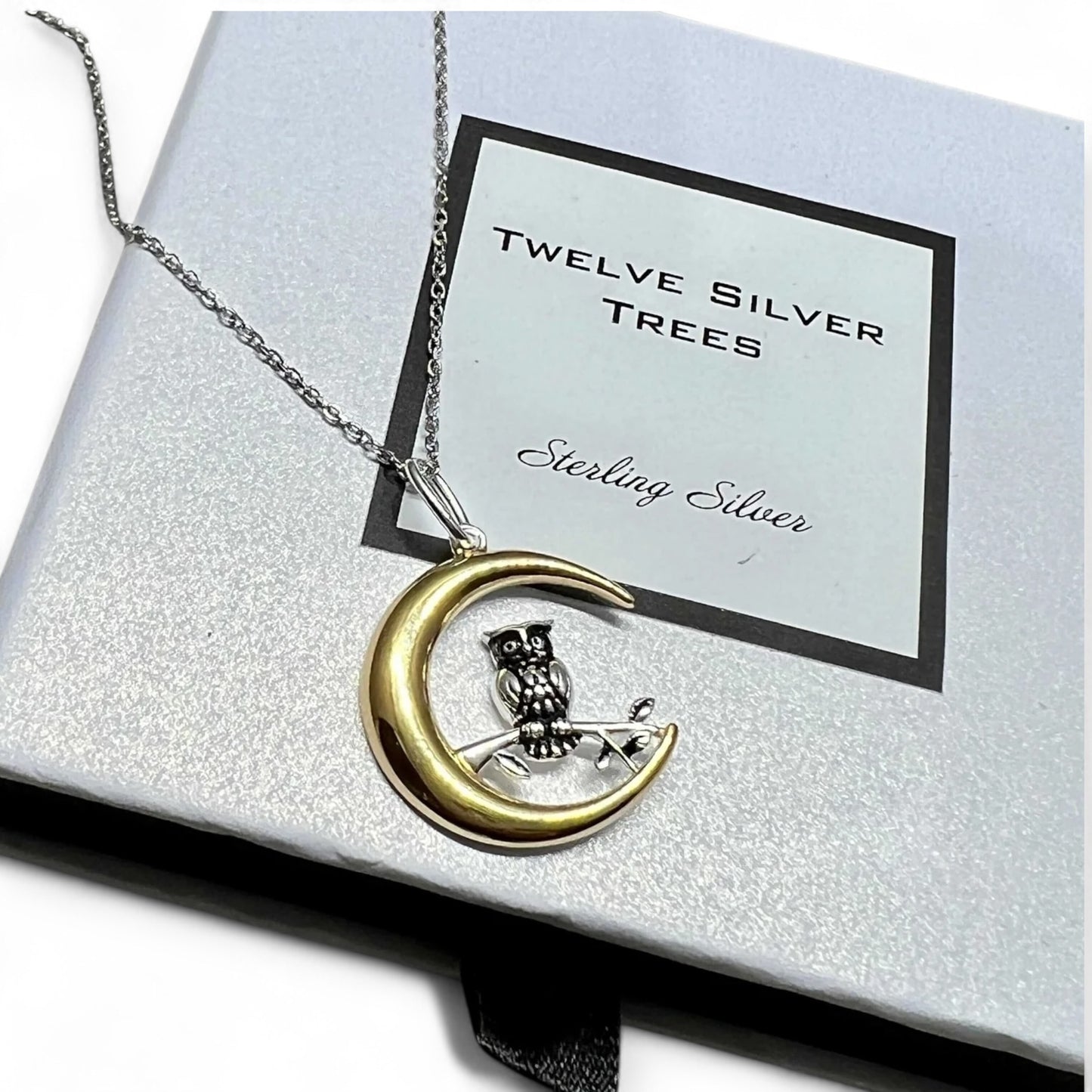 Crescent Moon & Owl Pendant In Sterling Silver & 18 Carat Gold - Twelve Silver Trees