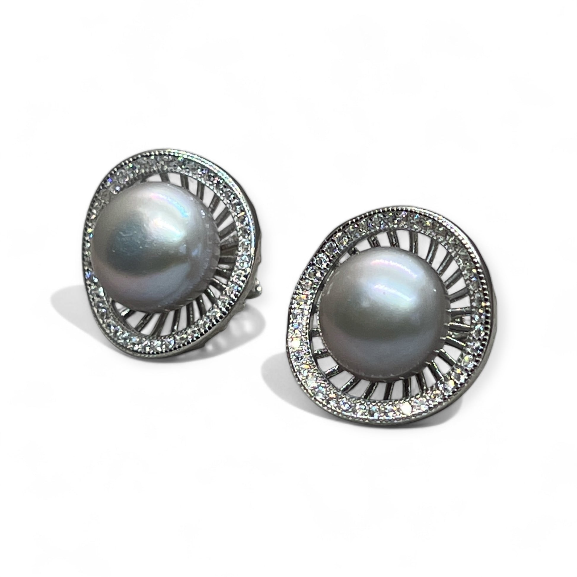 Silvery Grey Freshwater Pearl Basket Stud Earrings - Twelve Silver Trees