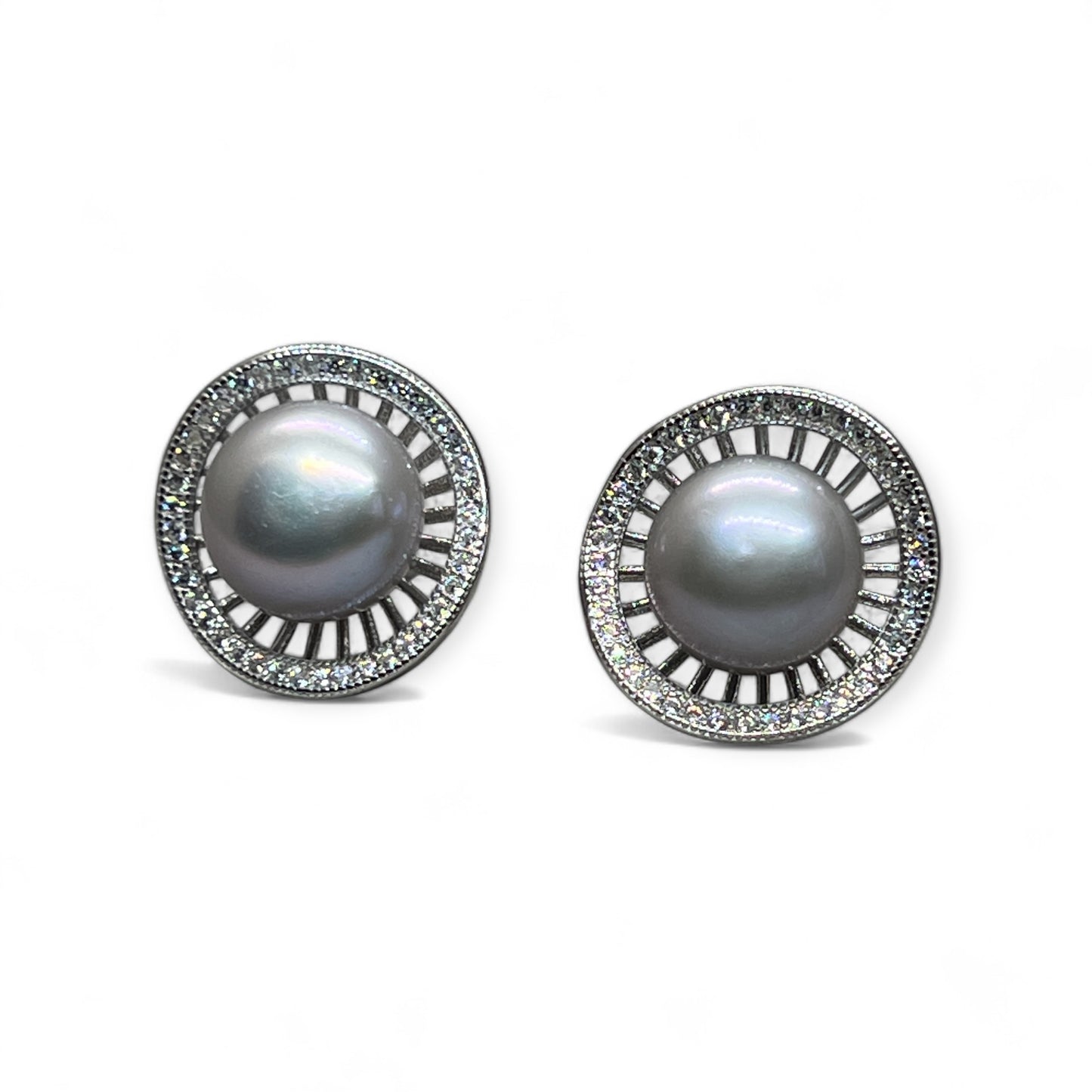 Silvery Grey Freshwater Pearl Basket Stud Earrings - Twelve Silver Trees