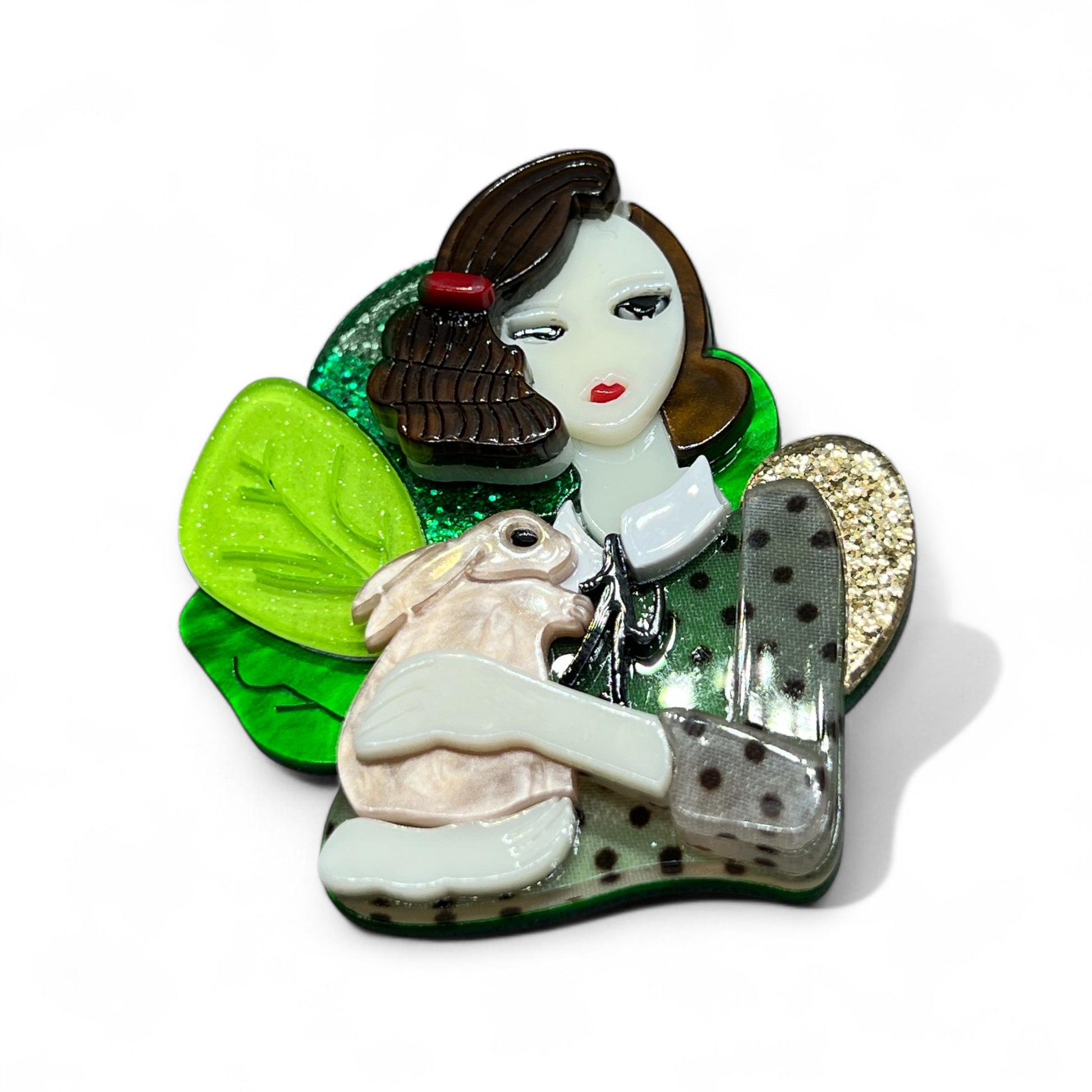 Handmade Acrylic Art Brooch - Deco Lady With Rabbit - Twelve Silver Trees