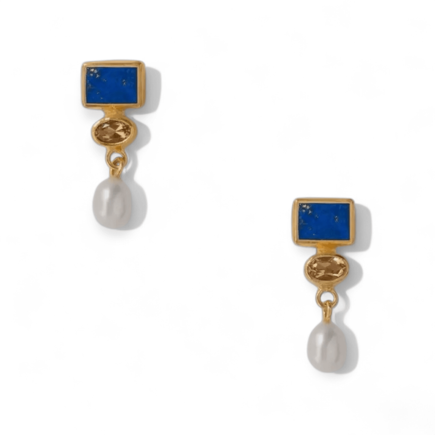 Lapis Lazuli, Citrine & Freshwater Pearl Gemstone Earrings - Twelve Silver Trees