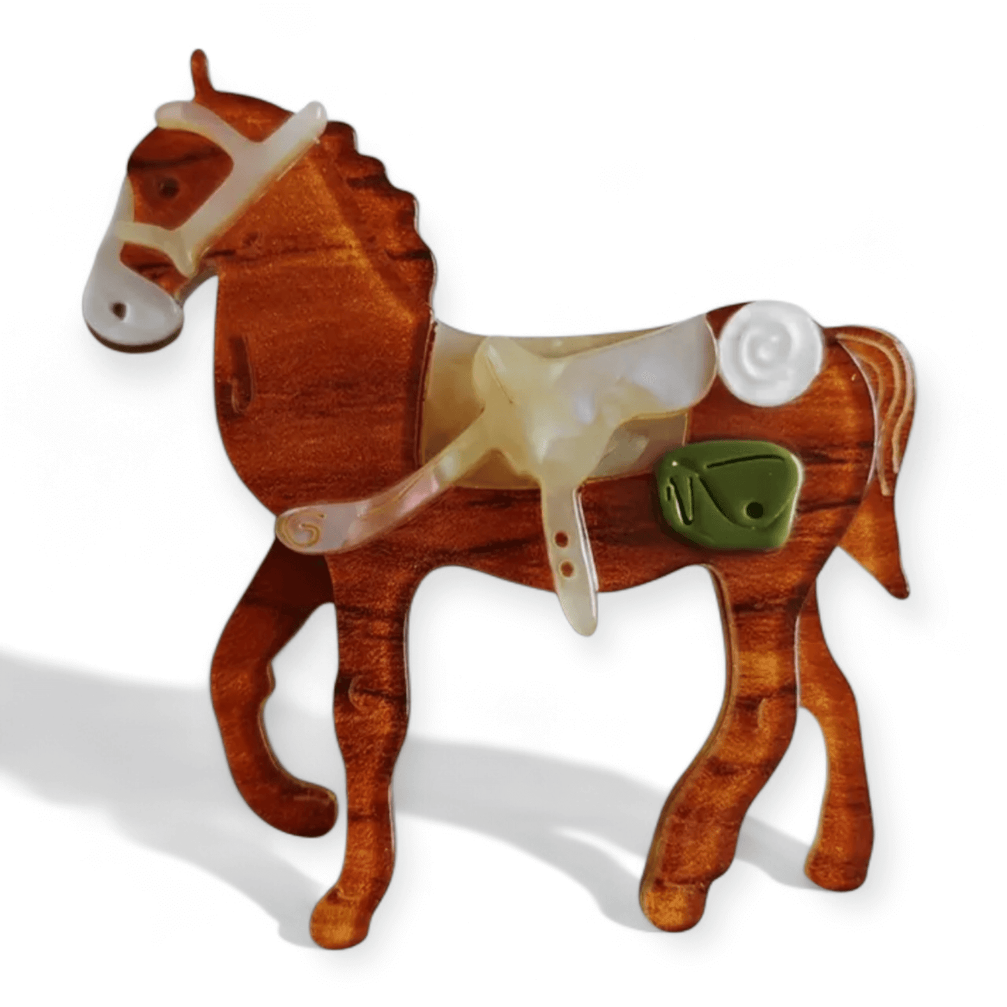 Handmade Acrylic Art Brooch - Horse With Saddle - Twelve Silver Trees