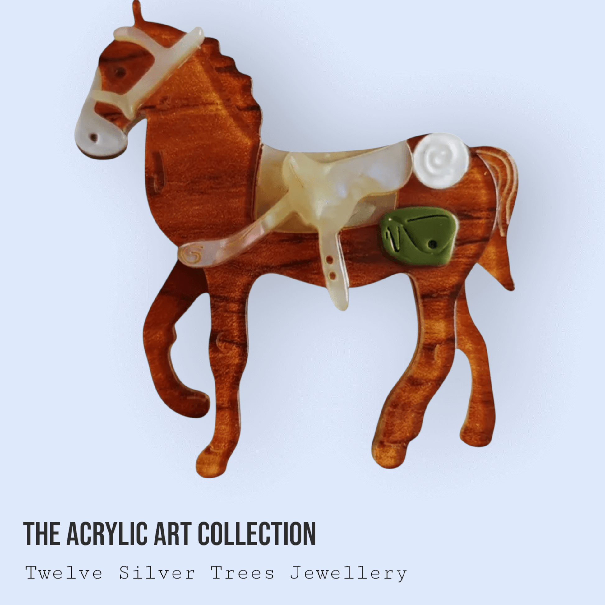 Handmade Acrylic Art Brooch - Horse With Saddle - Twelve Silver Trees