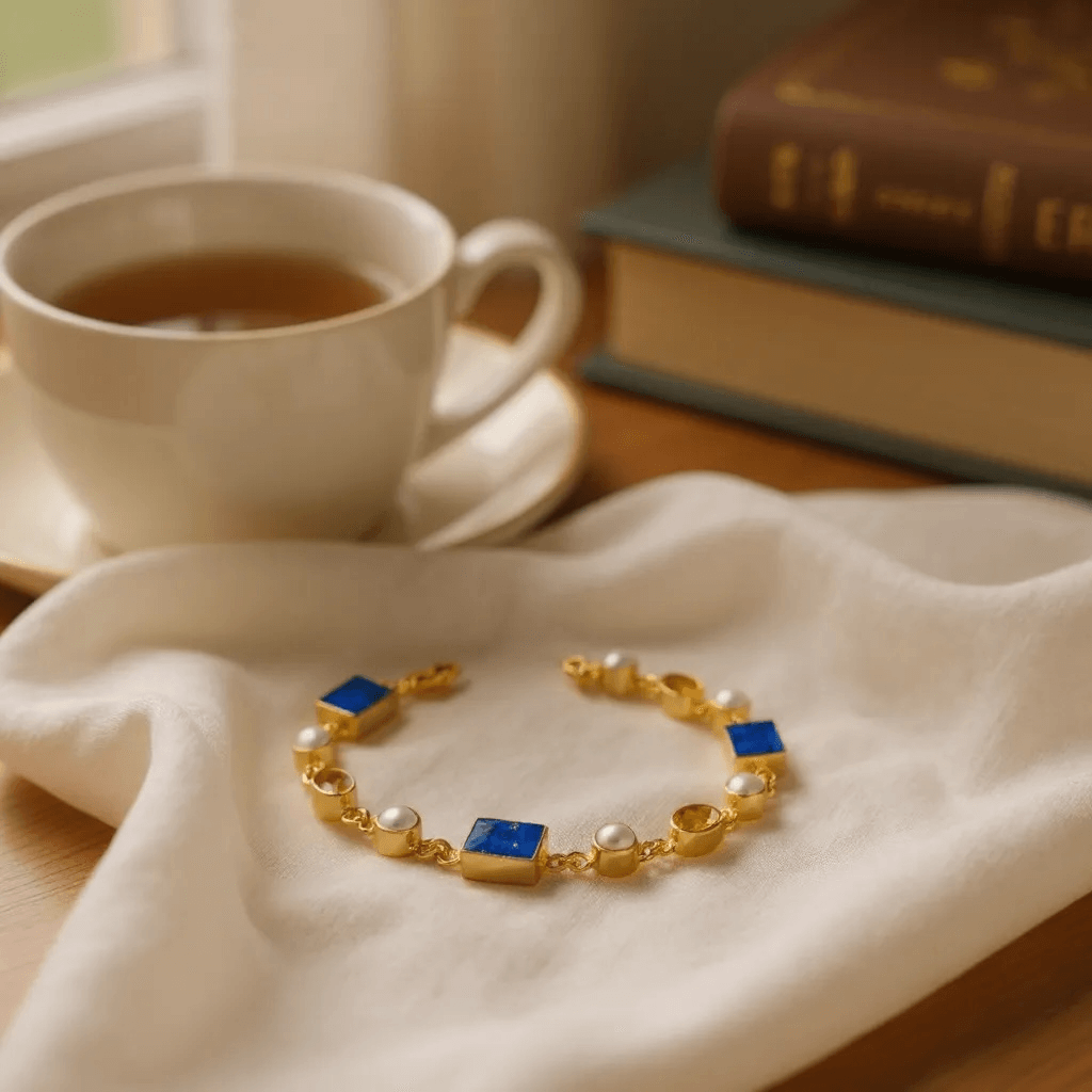 Lapis Lazuli, Citrine and Pearl Gemstone Bracelet - Twelve Silver Trees