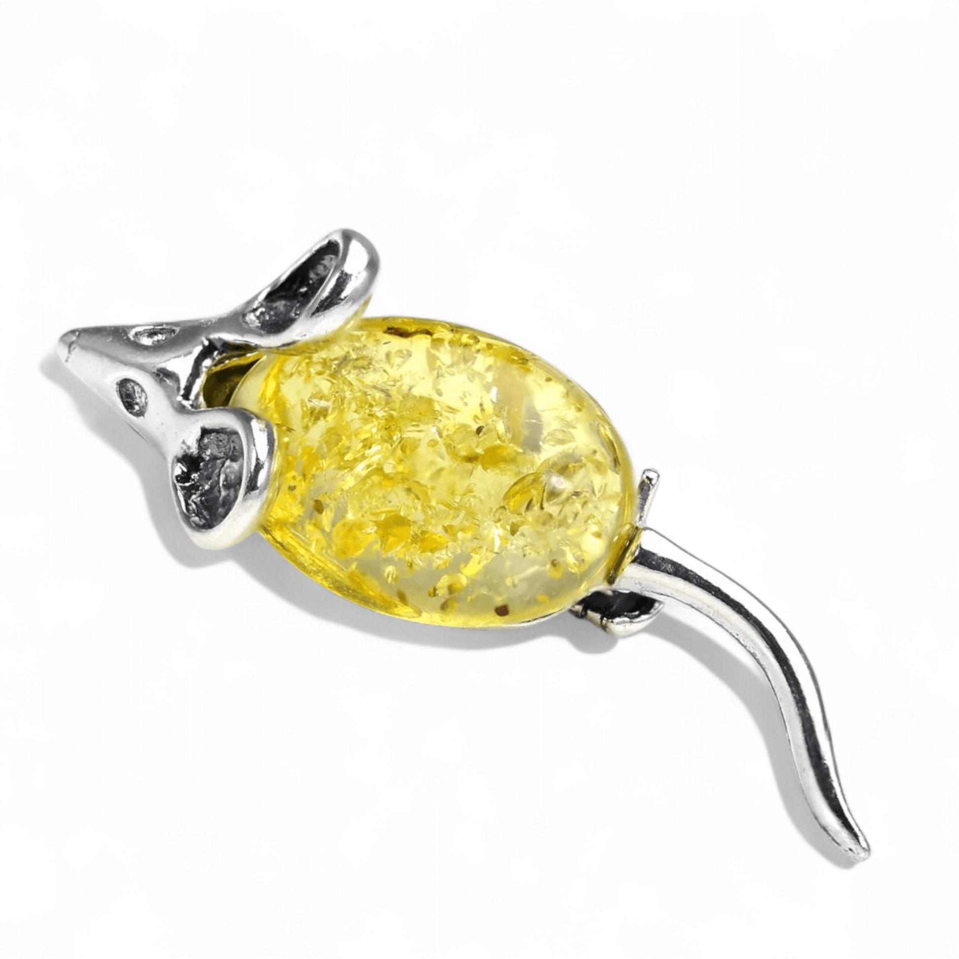 Lemon Amber and Sterling Silver Mouse Brooch - Twelve Silver Trees