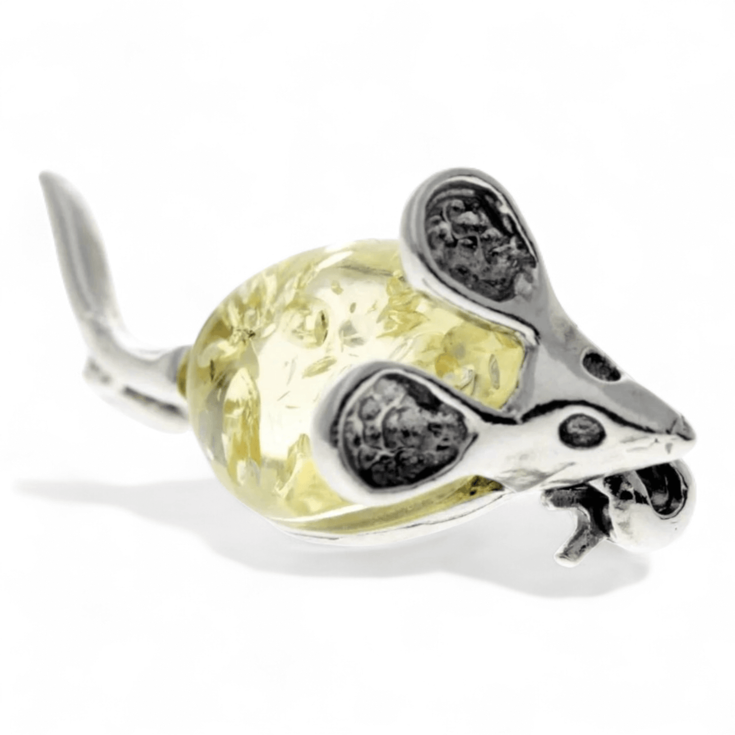 Lemon Amber and Sterling Silver Mouse Brooch - Twelve Silver Trees