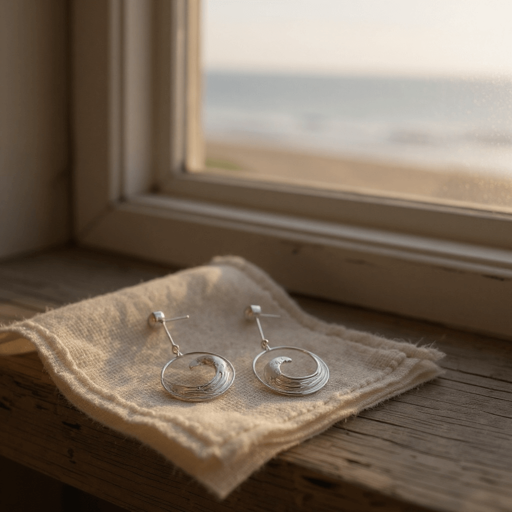Japanese Inspired Hokusai The Great Wave Sterling Silver & Pearl Long Earrings - Twelve Silver Trees