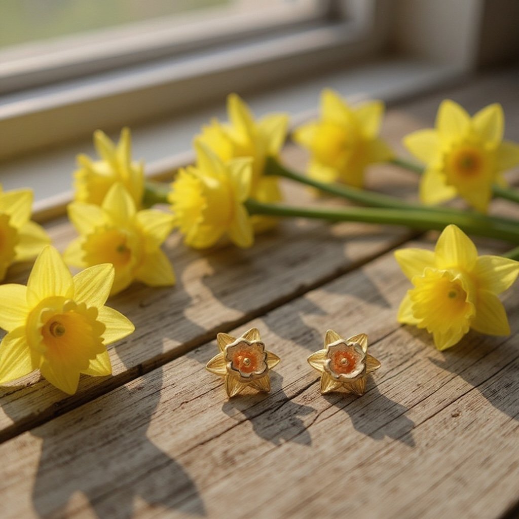 Daffodil Stud Earrings in Sterling Silver & 18 Carat Gold - March Birth Flower - Twelve Silver Trees