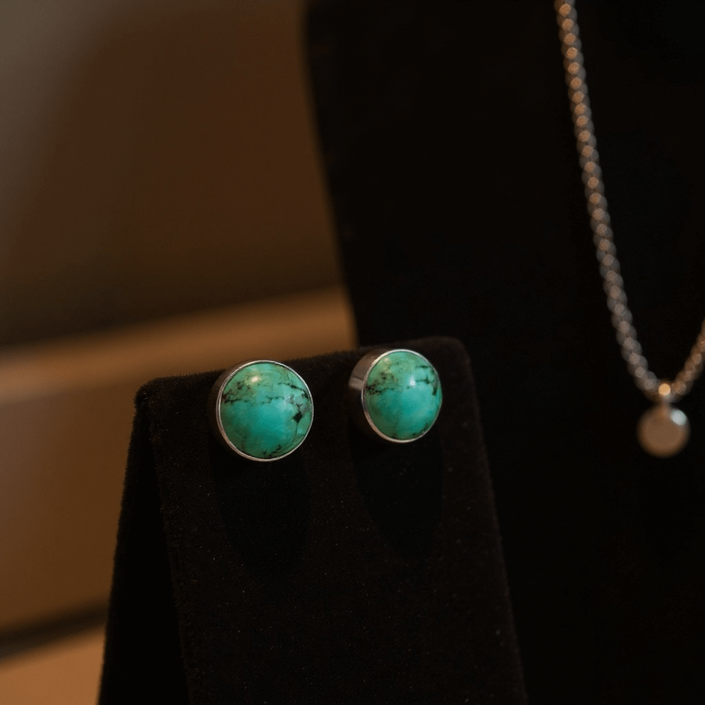 Natural Turquoise Sterling Silver Stud Earrings (10mm) - Twelve Silver Trees