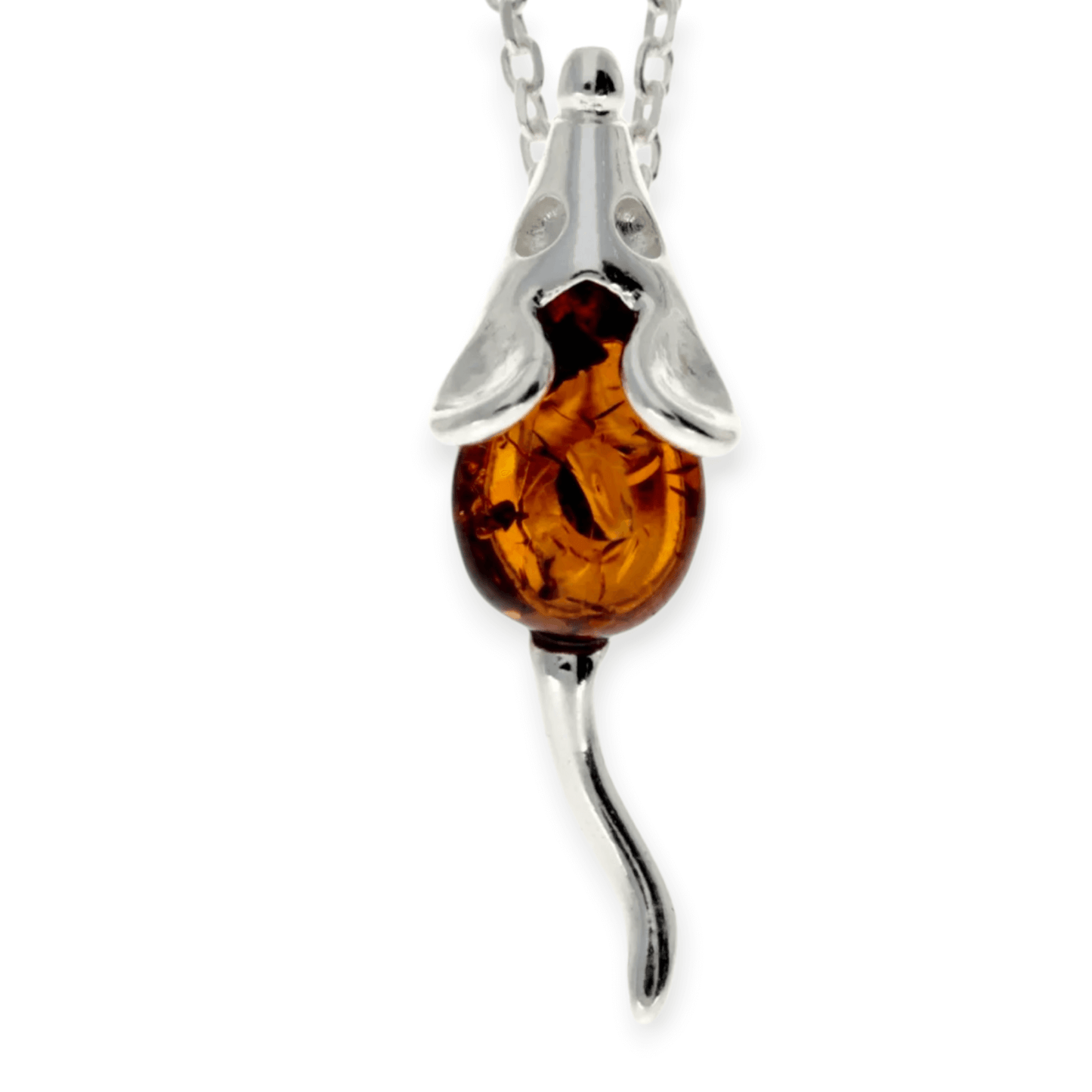 Little Mouse Sterling Silver Baltic Amber Pendant - Twelve Silver Trees