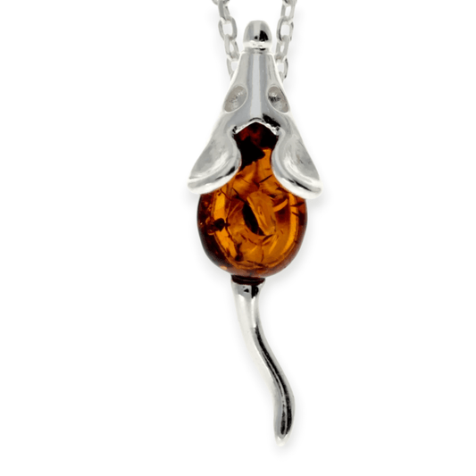 Little Mouse Sterling Silver Baltic Amber Pendant - Twelve Silver Trees