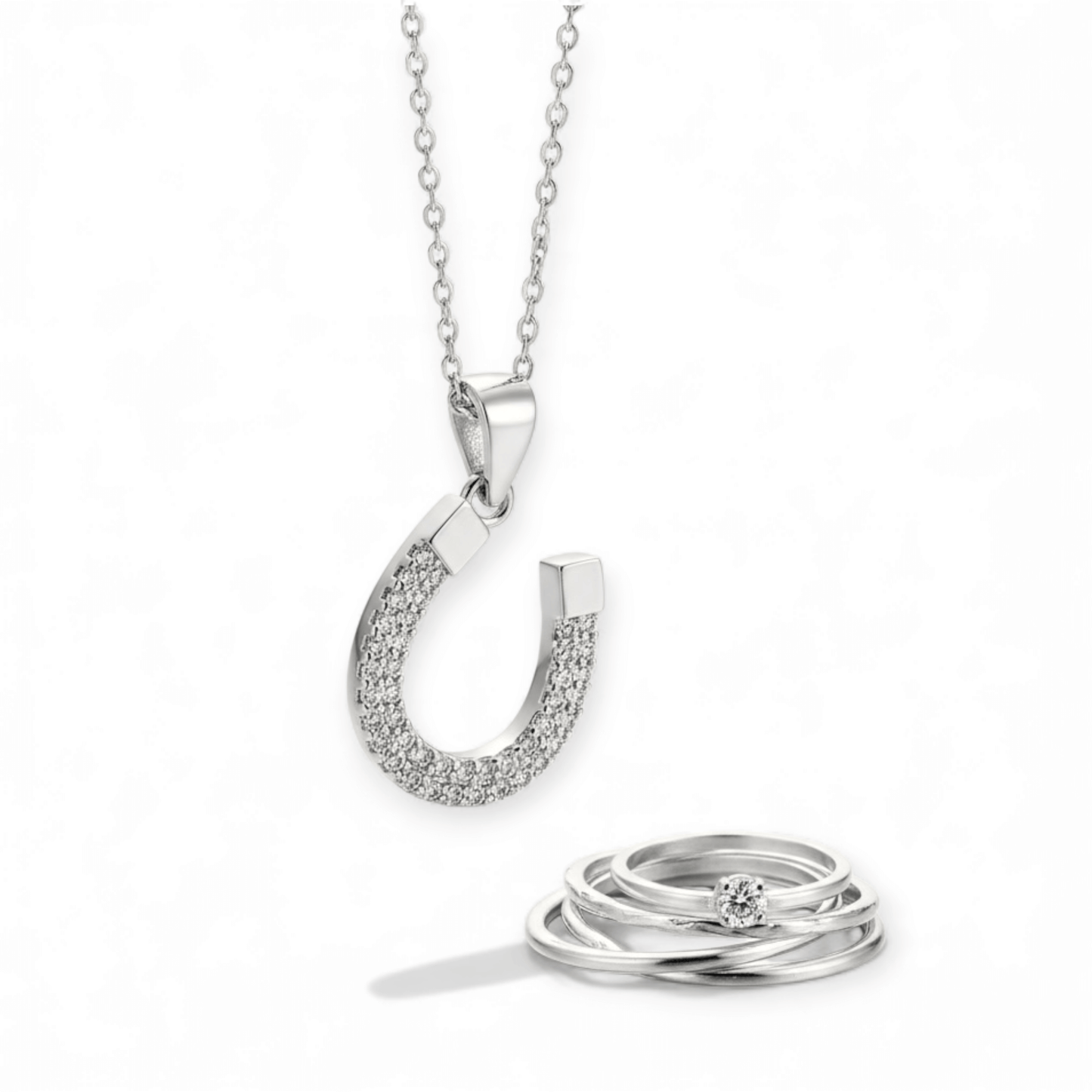 Sterling Silver Offset Zirconia Lucky Horseshoe Pendant - Twelve Silver Trees