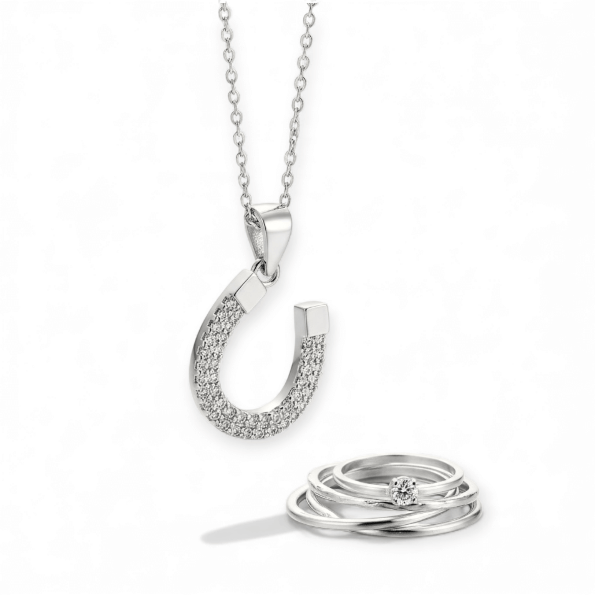 Sterling Silver Offset Zirconia Lucky Horseshoe Pendant - Twelve Silver Trees