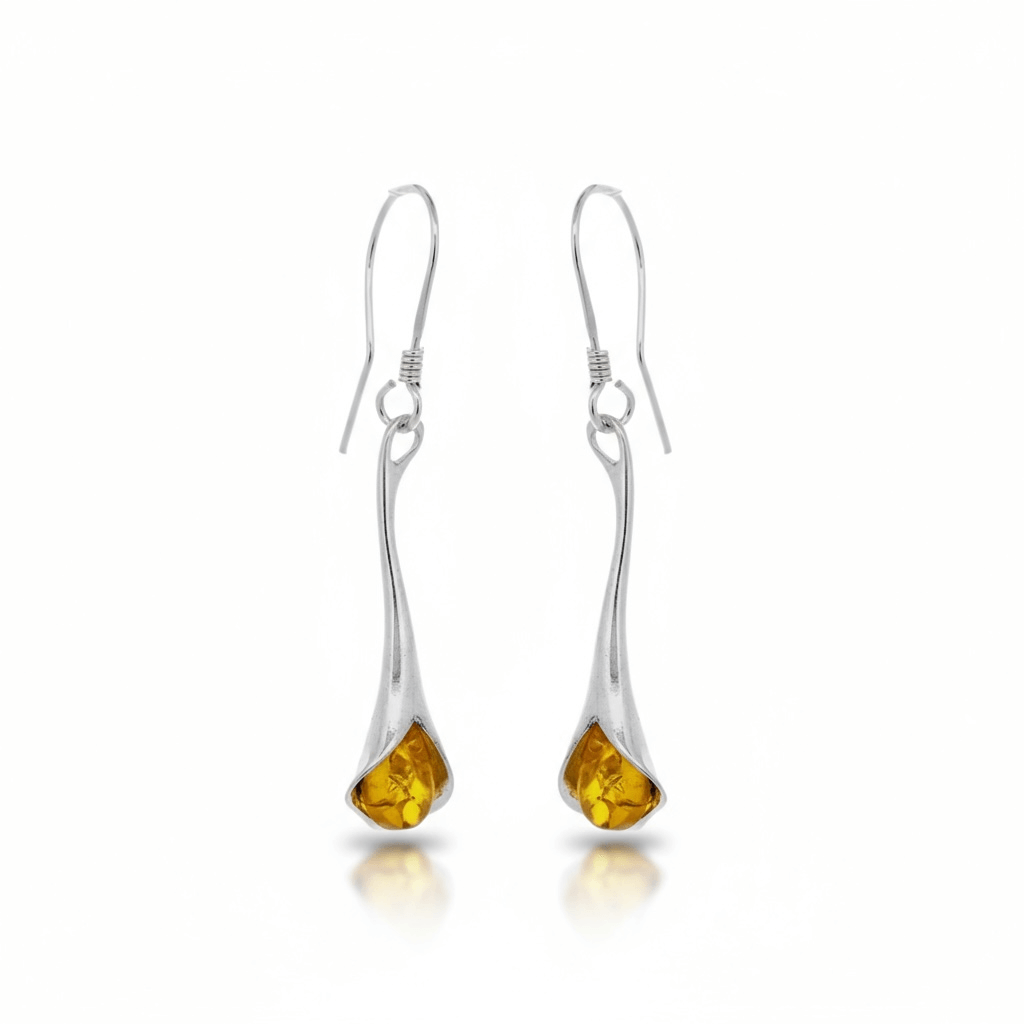 Stylised Calla Lily Lemon Amber Earrings - Twelve Silver Trees