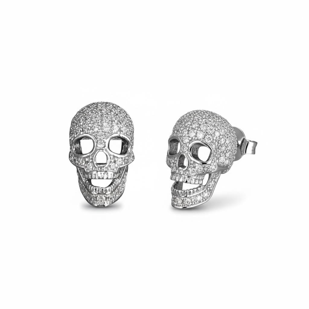 Fine Zirconia Sterling Silver Crystal Skull Stud Earrings - Twelve Silver Trees