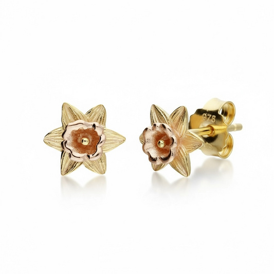 Daffodil Stud Earrings Pendant Set in Sterling Silver & 18 Carat Gold - Twelve Silver Trees