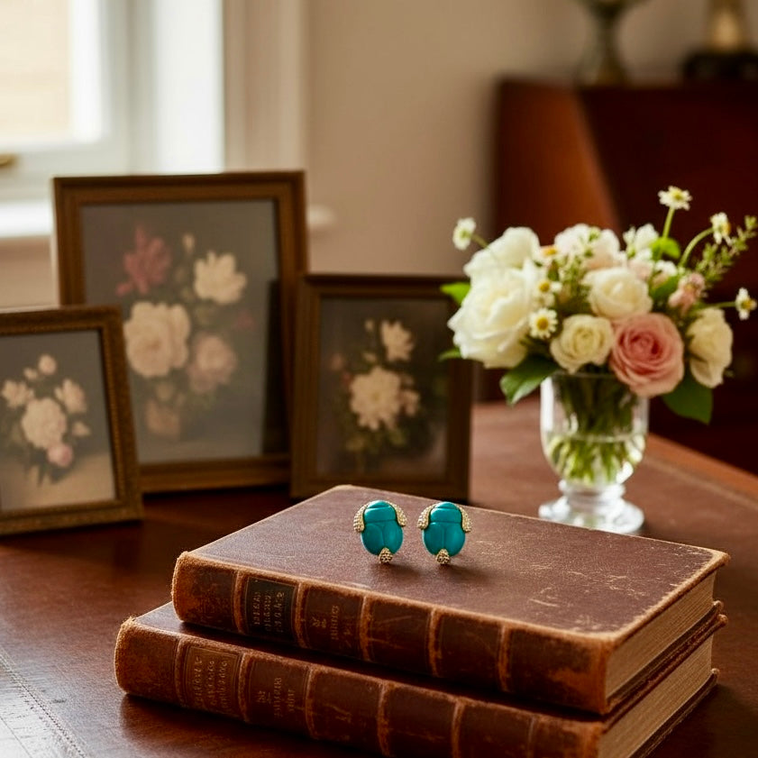 Egyptian Revival Scarab Beetle Turquoise Stud Earrings. - Twelve Silver Trees