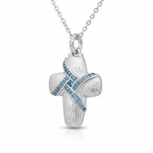 Sterling Silver Cross Pendant with Blue Created Diamonds - Twelve Silver Trees