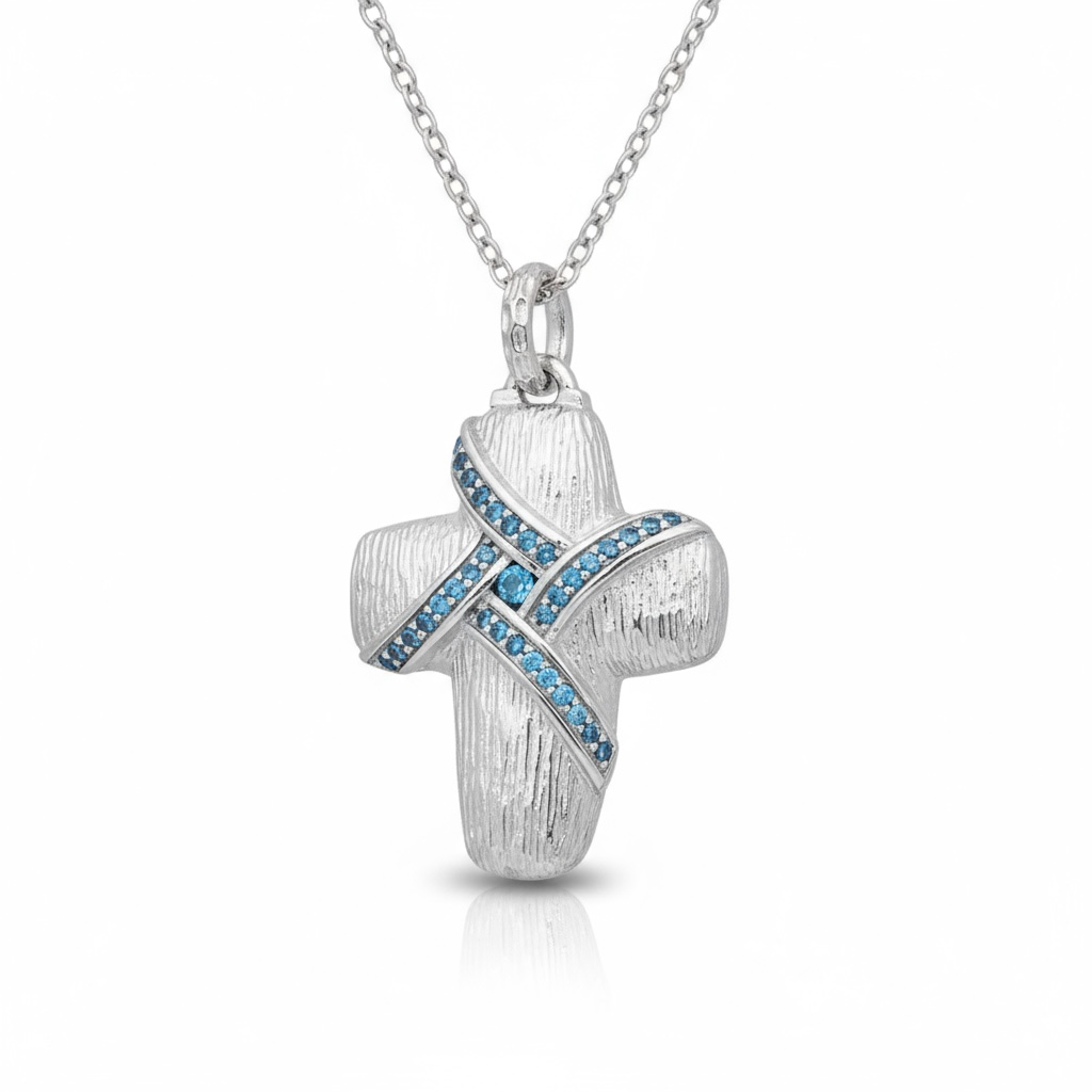 Sterling Silver Cross Pendant with Blue Created Diamonds - Twelve Silver Trees