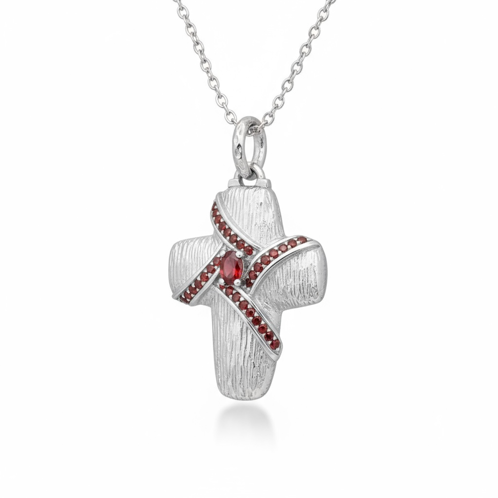 Sterling Silver Cross Pendant with Red Created Diamonds ltd Edition - Twelve Silver Trees